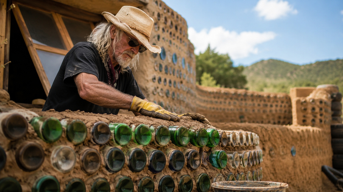 Arquiteto aplica terra sobre parede construída com garrafas de vidro reaproveitadas durante obra de uma casa sustentável inspirada no modelo Earthship.