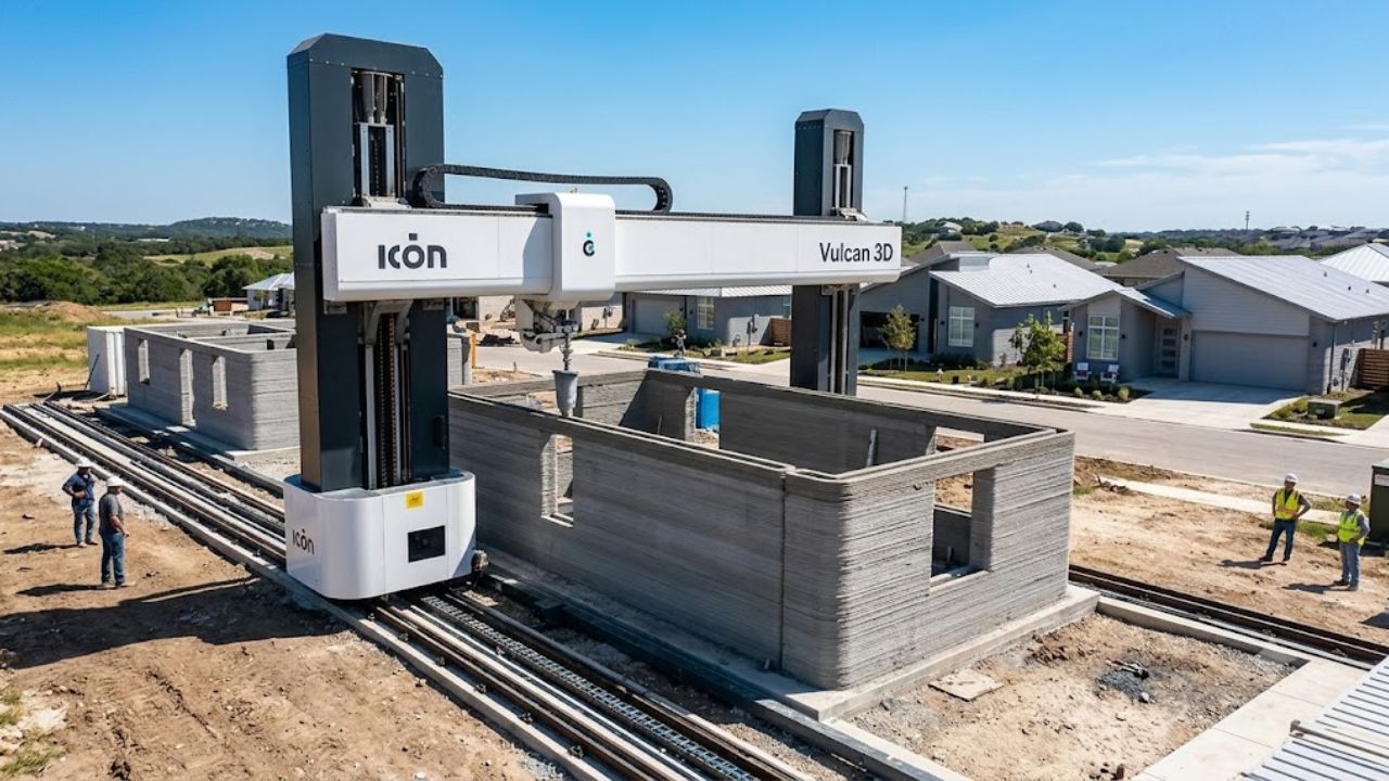 Casas impressas em 3D do Wolf Ranch foram concluídas em 2025 no Texas, com 100 residências, robô Vulcan, Lavacrete e telhados solares.