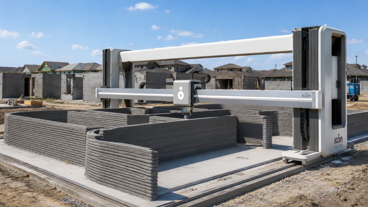 Casas impressas em 3D do Wolf Ranch foram concluídas em 2025 no Texas, com 100 residências, robô Vulcan, Lavacrete e telhados solares.