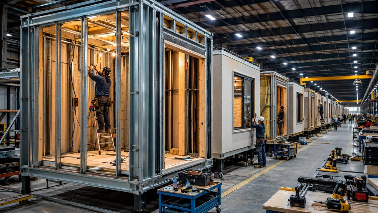 Módulos habitacionais em produção seriada dentro de galpão industrial, com estrutura metálica aparente e estações de montagem.