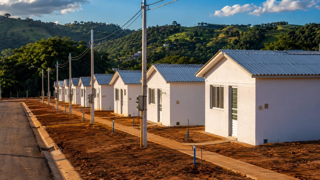 Casas modulares novas enfileiradas em terreno urbanizado, recém-instaladas sobre o solo preparado.