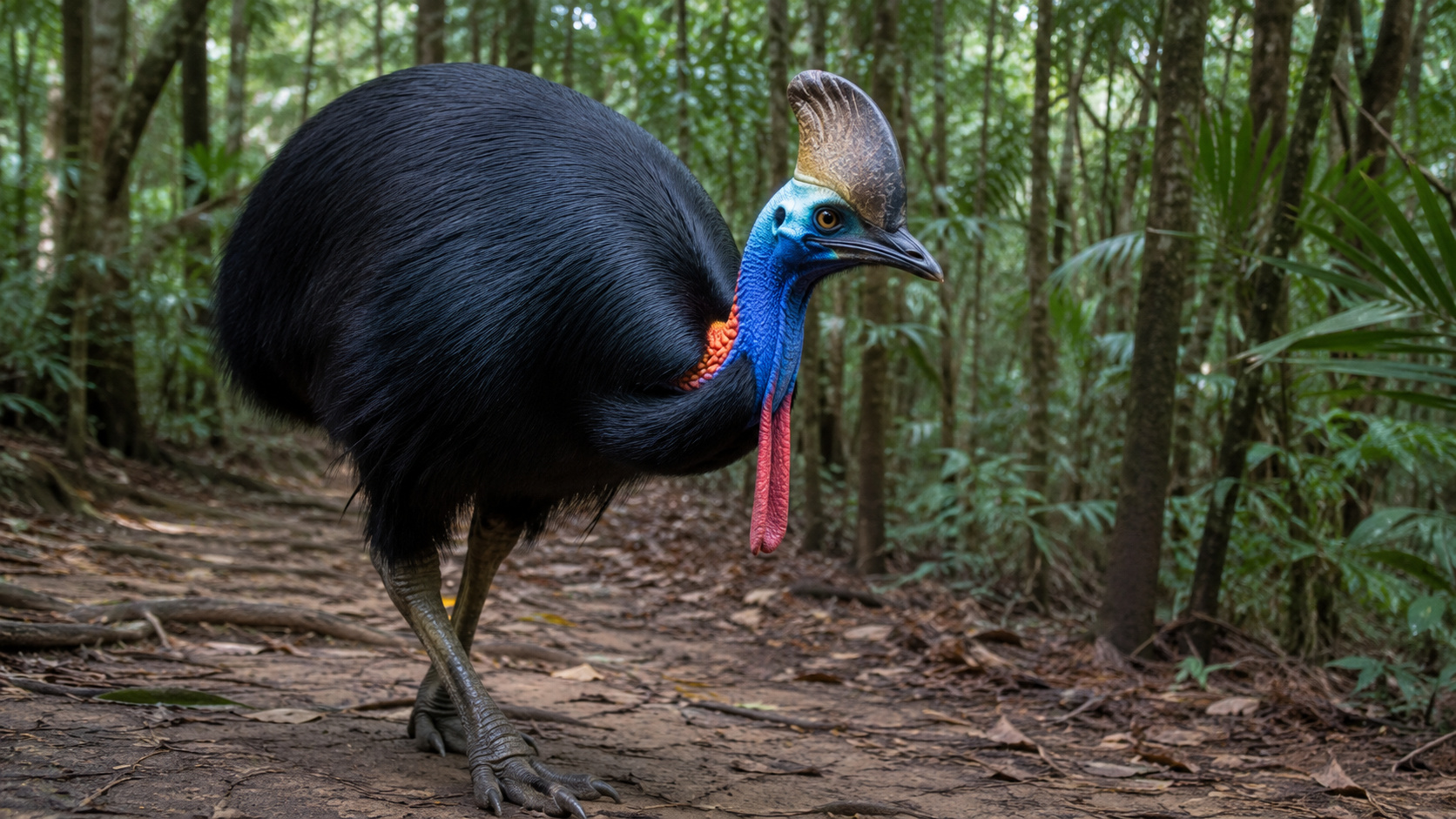 Casuar caminhando por uma floresta tropical densa, destacando o grande porte, a plumagem escura, o pescoço azul e vermelho, o capacete ósseo sobre a cabeça e as garras robustas, características que tornaram a espécie conhecida como uma das aves mais impressionantes do mundo.