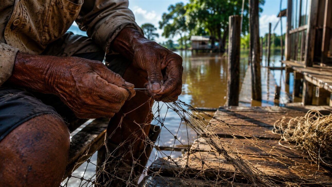 The fisherman repairs the fishing net by the water's edge before setting up the net.