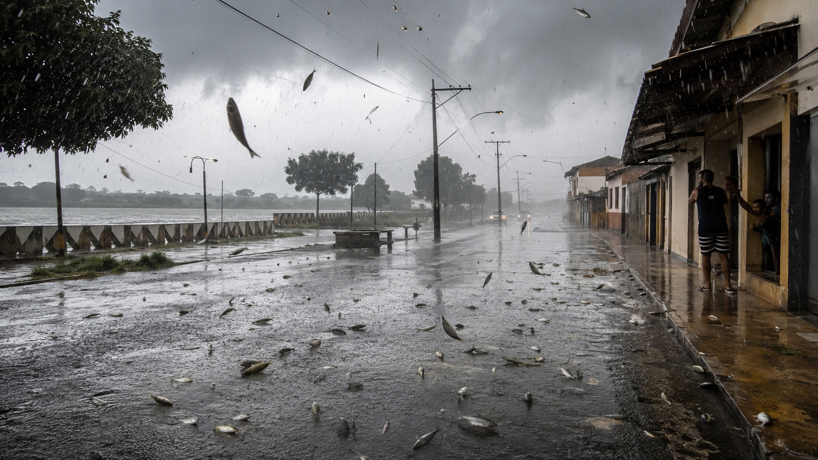 Chuva de peixe durante tempestade intensa deixa animais espalhados em rua próxima a um rio no Brasil.
