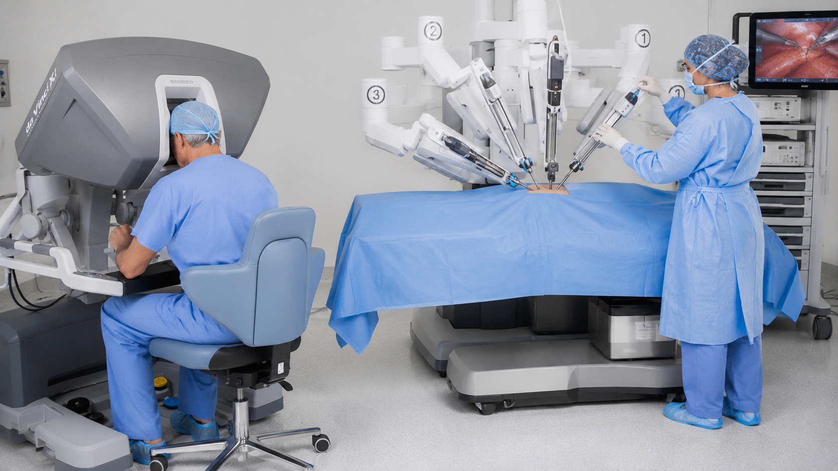 Cirurgia robótica minimamente invasiva para tratamento da malformação de Arnold-Chiari realizada com sistema de vídeo e braços robóticos em centro cirúrgico moderno.