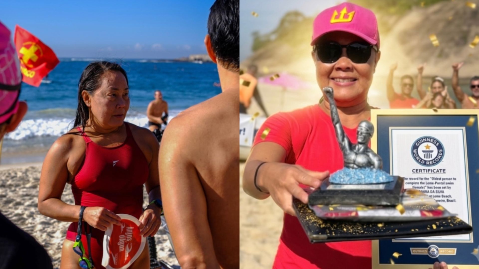 Clarice Hashizume nada em mar aberto durante a Travessia do Leme ao Pontal, prova que lhe rendeu um recorde no Guinness World Records.