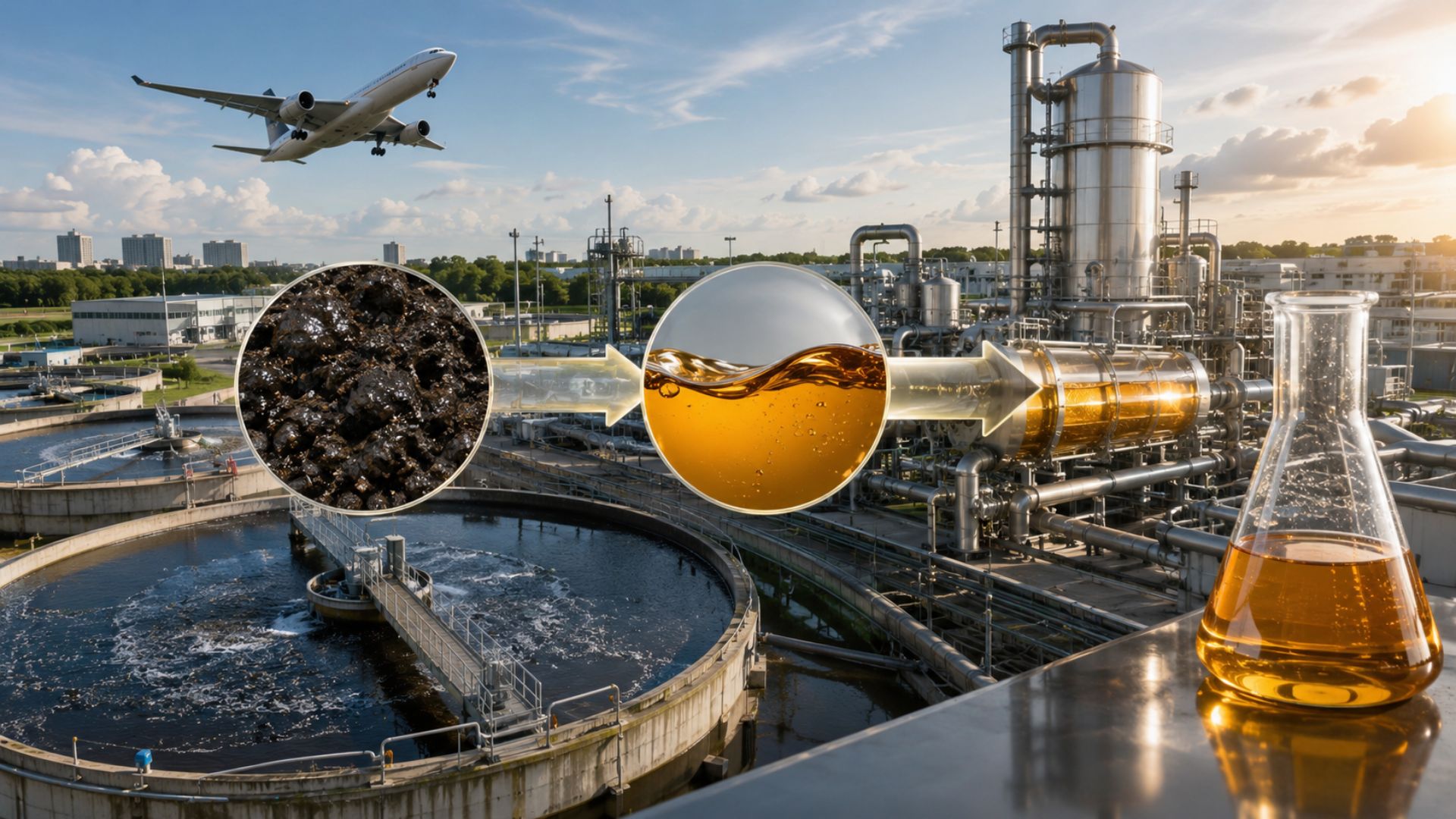 Combustível de avião feito de esgoto humano, sem petróleo bruto e sem plantar soja, milho ou cana: empresa britânica transforma lodo de estação de tratamento em biocrude, refina o material em SAF e fecha acordo de 15 anos para abastecer voos comerciais