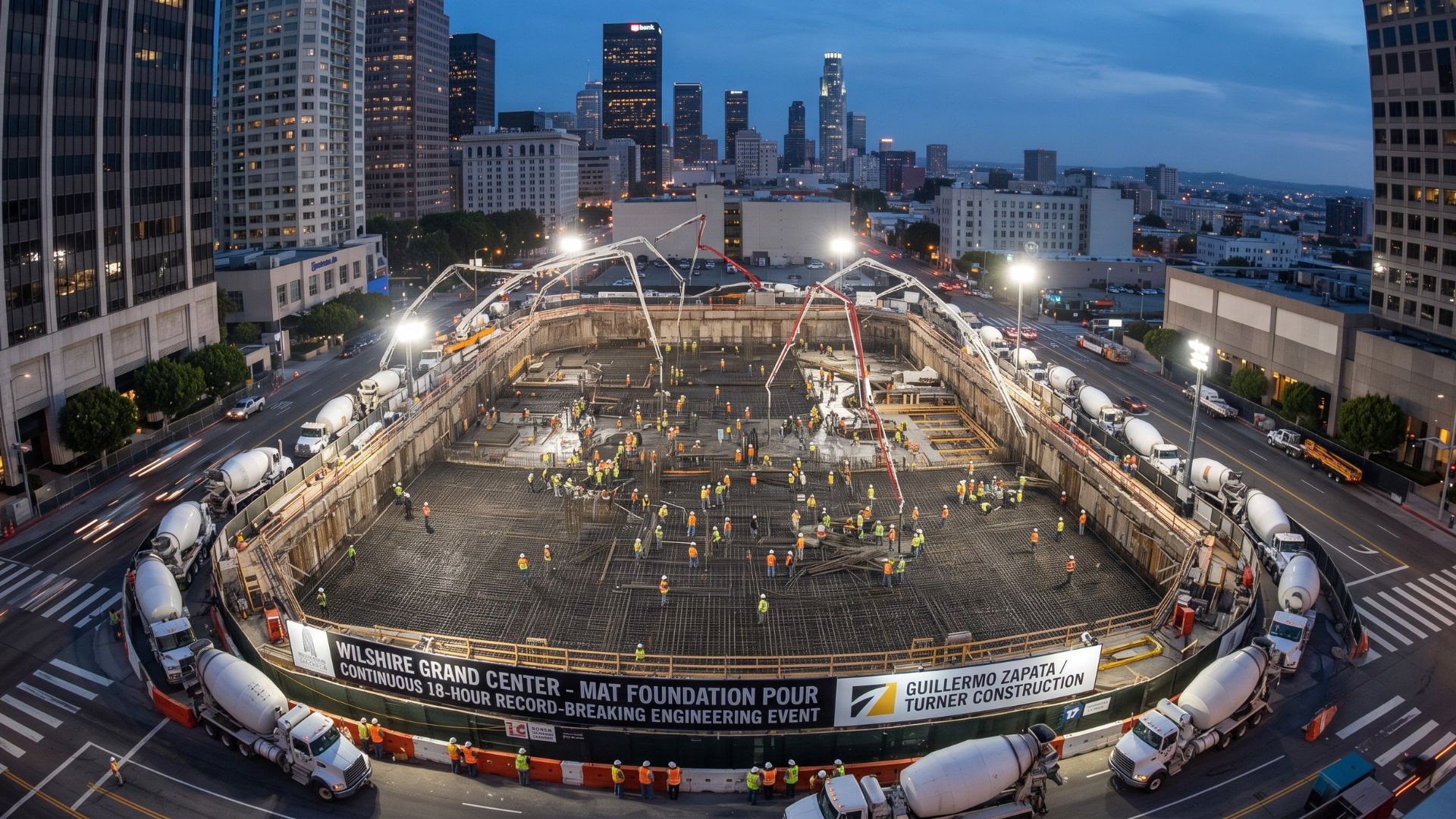 construção do Wilshire Grand Center mobilizou mais de 2.100 caminhões em uma concretagem contínua