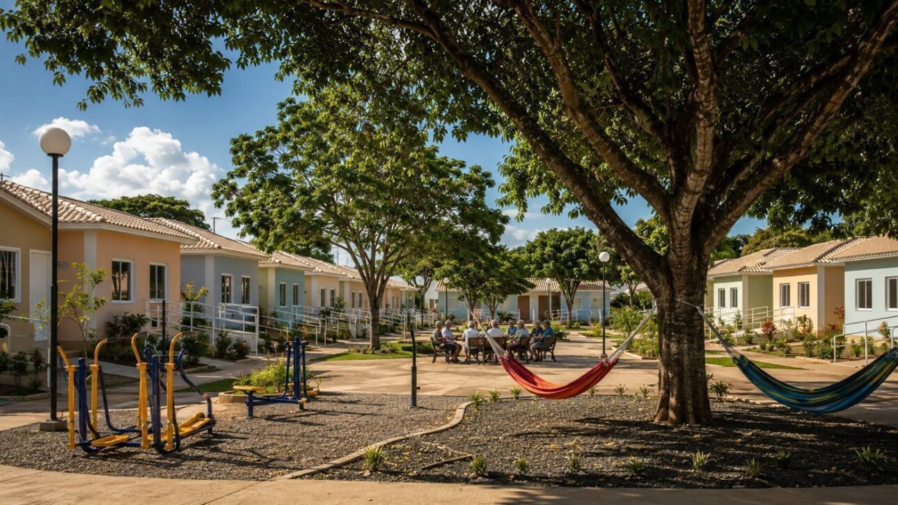 Accessible and identical single-story houses align around a tree-lined square in a gated community in the interior of Paraíba.