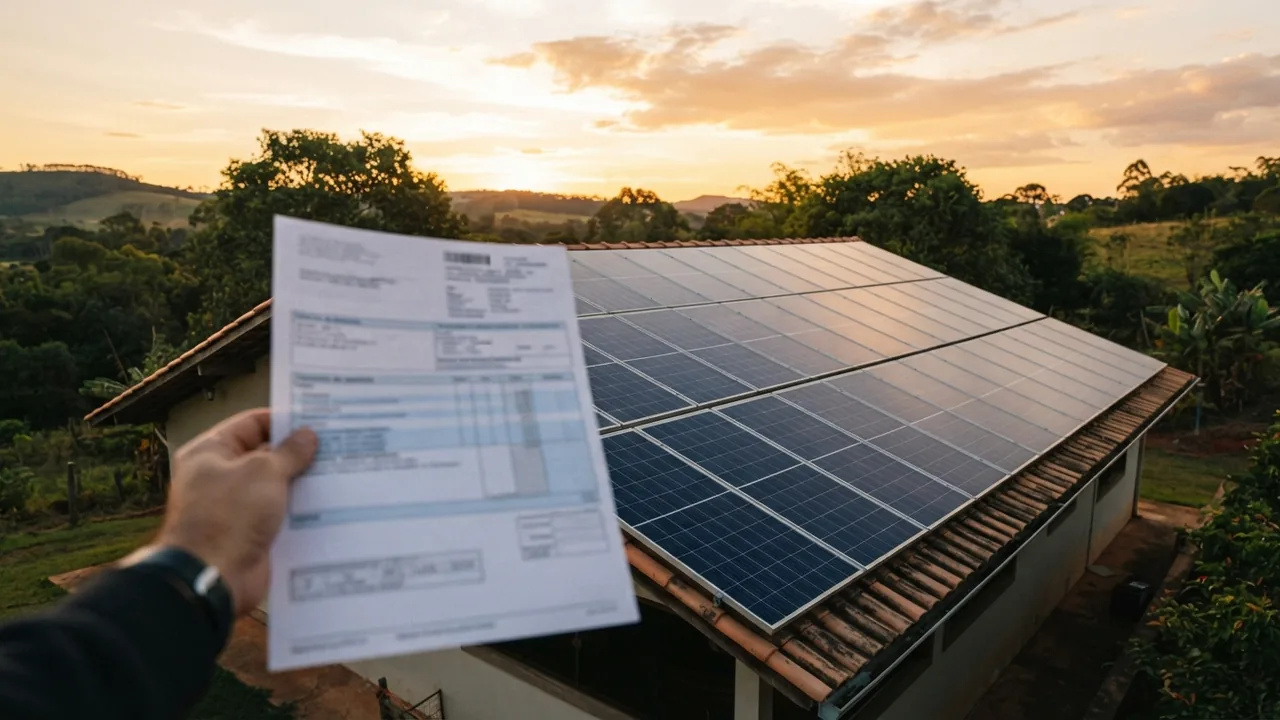 Mão segurando conta de luz em primeiro plano com telhado coberto por painéis solares fotovoltaicos ao fundo