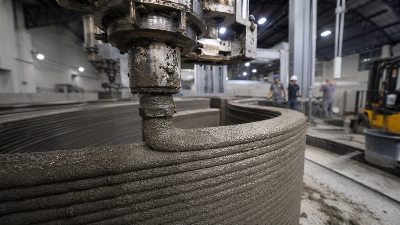 El cabezal inyector de la impresora dibuja las capas de concreto del módulo de pared.