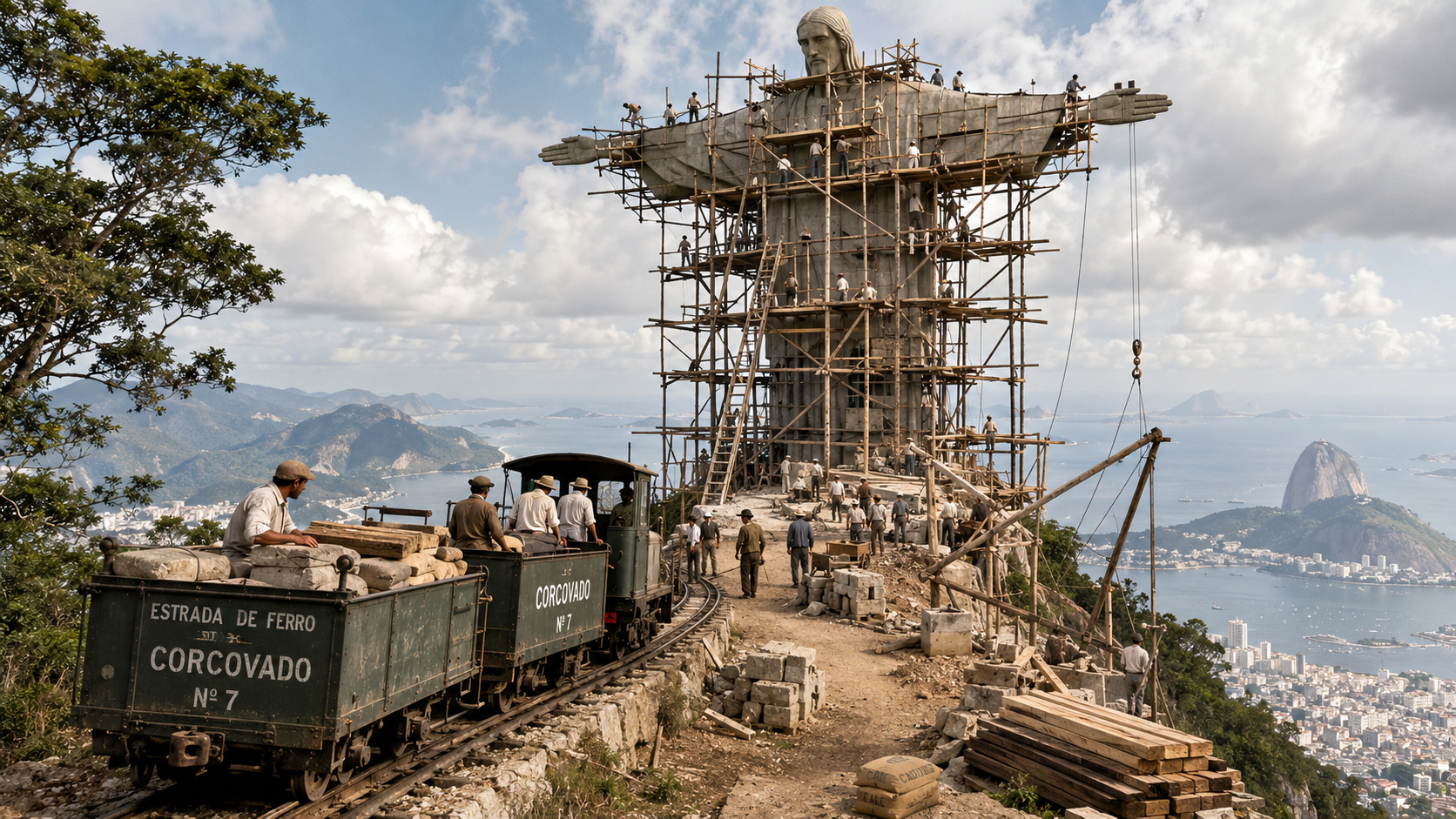 Operários constroem o Cristo Redentor com andaimes de madeira no Corcovado.
