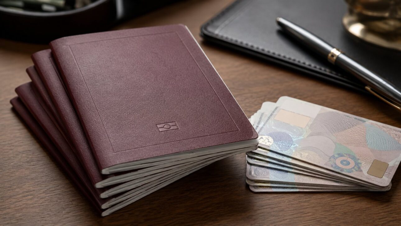 Passaportes e documentos de segurança empilhados sobre uma mesa