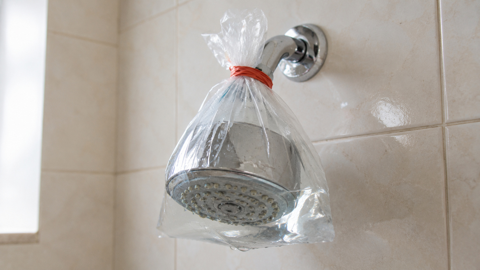 Chuveiro elétrico com gotas de água saindo do espalhador em banheiro claro e limpo