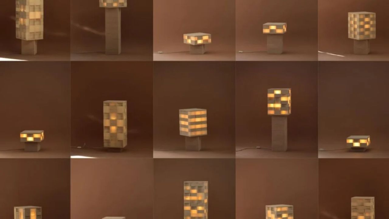 Luminária de casca de ovo criada por Joanne Odisho usa resíduos triturados, biopolímero biodegradável e blocos que podem ser reorganizados.