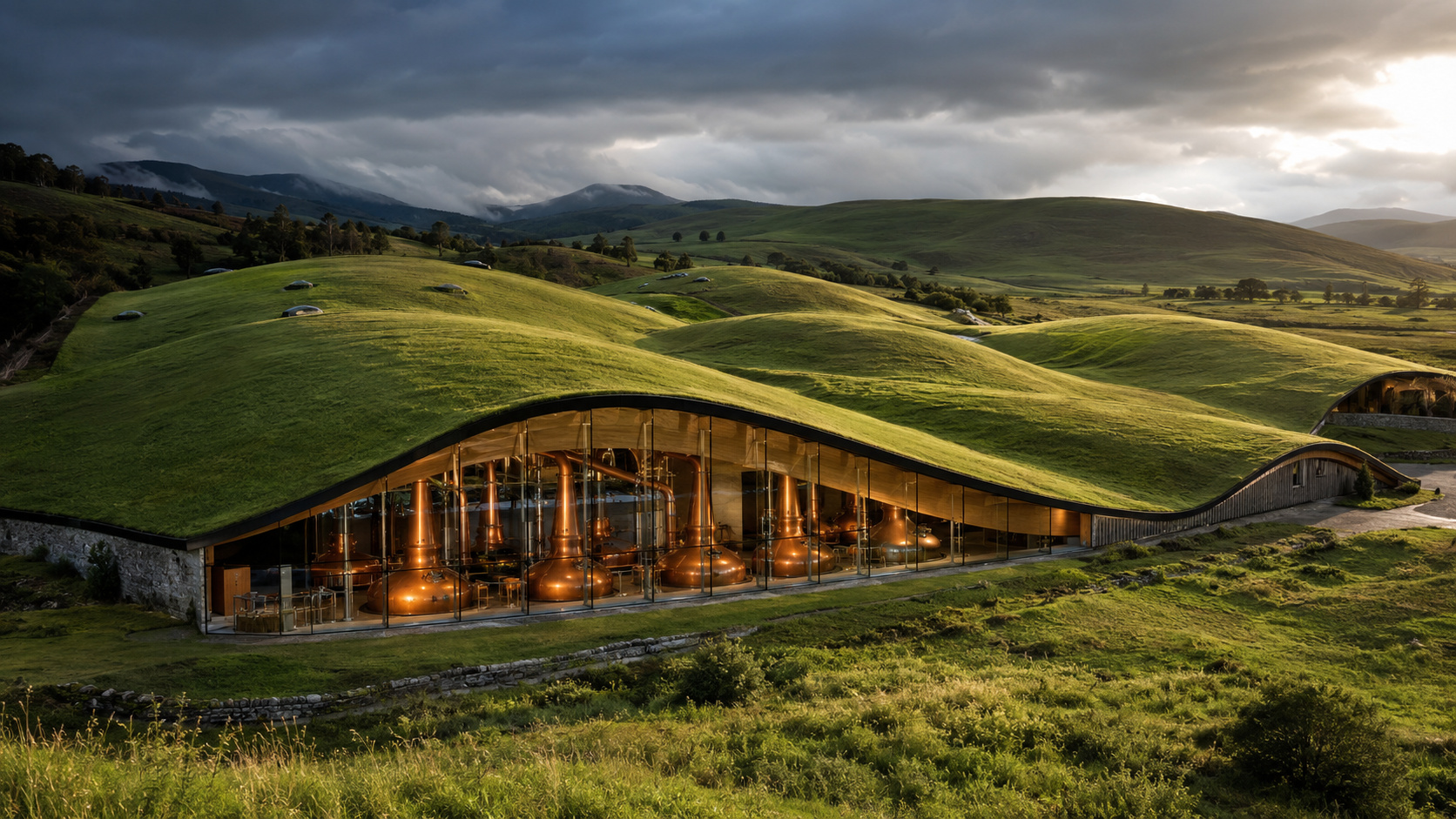 A destilaria The Macallan combina produção industrial de uísque e arquitetura sustentável sob uma cobertura vegetal de 14 mil m²