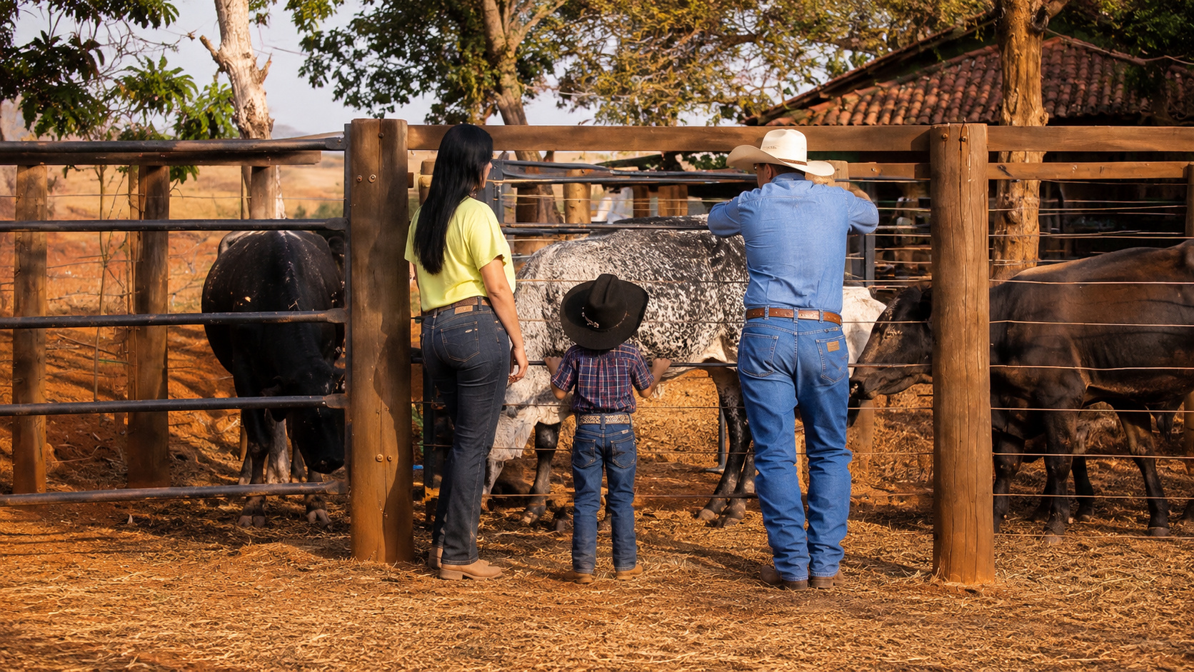 Família observa um menino vestido de peão diante de um curral com bovinos em um rancho, em cena que representa o vínculo criado após o caso dos exames de DNA envolvendo a criança.