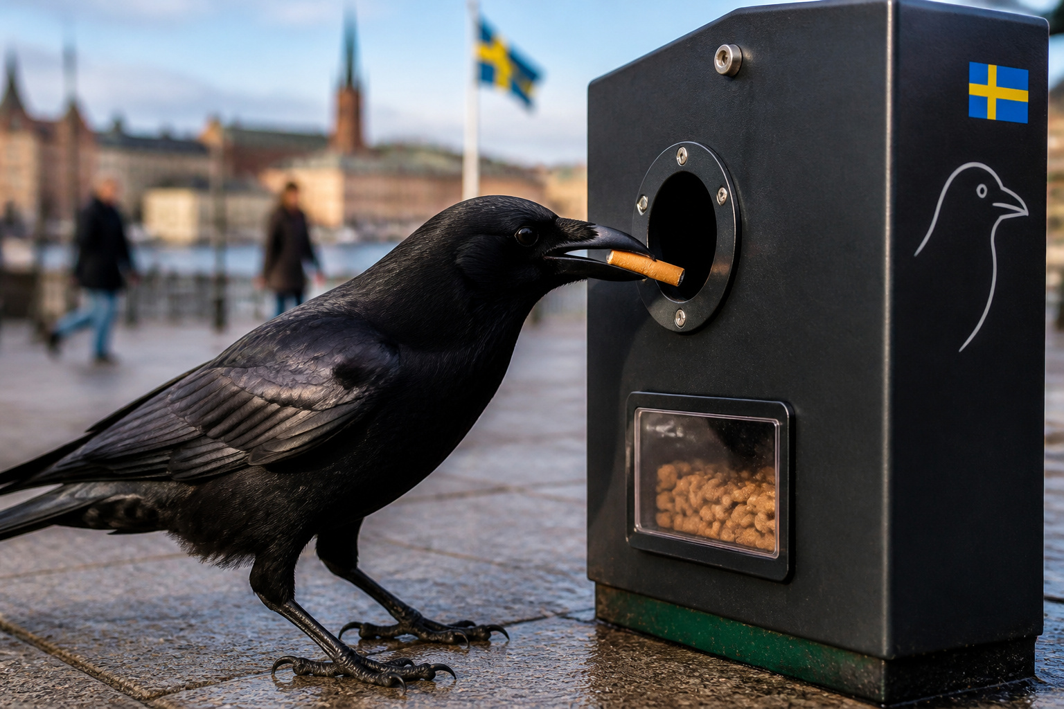Imagem editorial sobre Empresa sueca treina corvos para recolher bitucas de cigarro nas ruas, usando recompensa por comida e transformando lixo urbano em experi