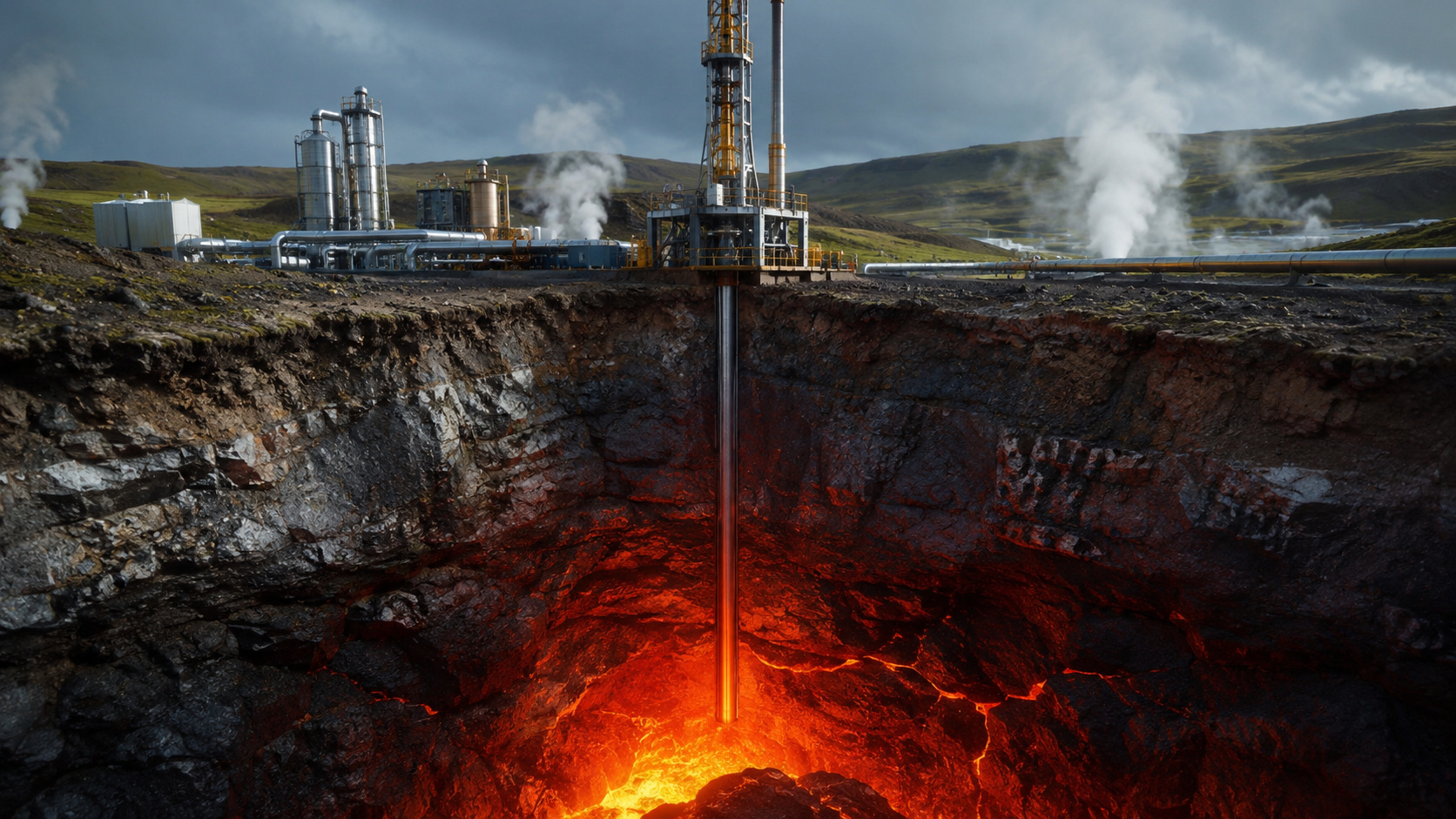 Usina de energia geotérmica com perfuração profunda alcançando rochas superaquecidas para geração contínua de eletricidade limpa.