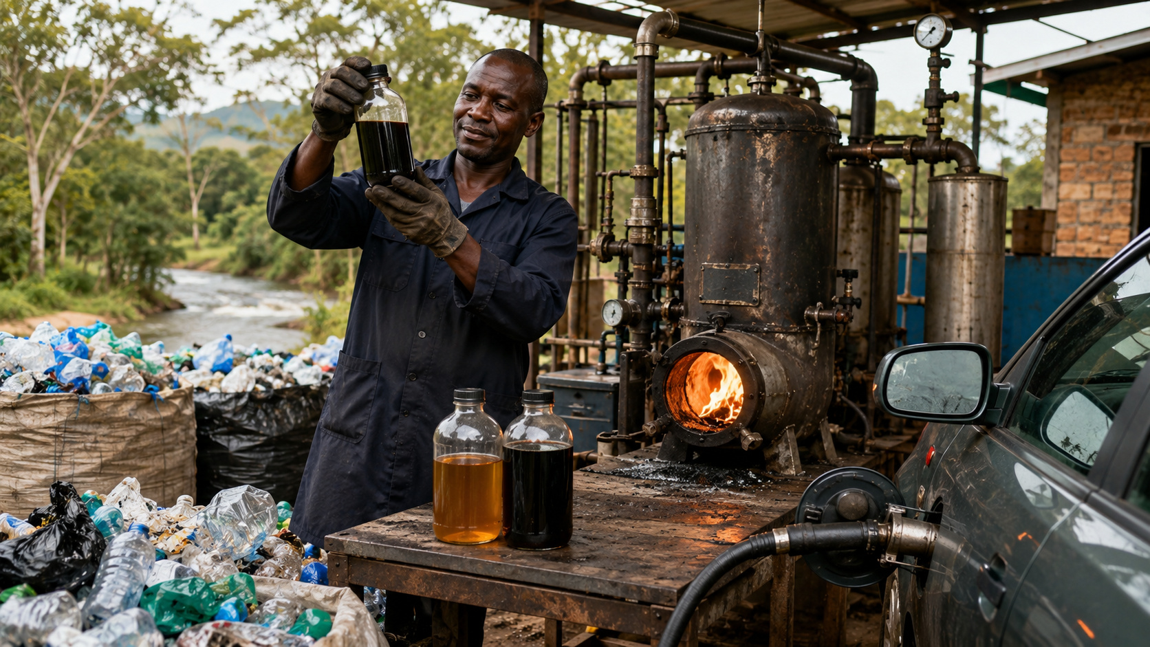 Um engenheiro queniano recolhe sacolas e garrafas plásticas que entopem os rios, aquece tudo em um reator sem oxigênio e produz um óleo capaz de virar gasolina e diesel, combustível com o qual ele abastece o próprio carro todos os dias