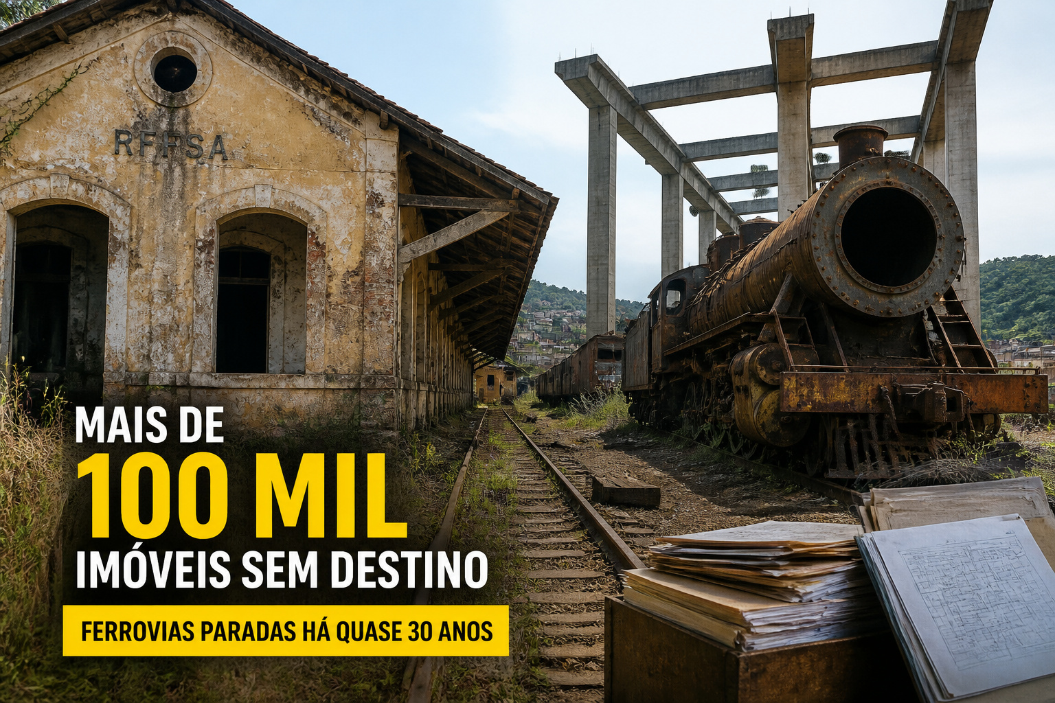 Imagem editorial sobre Espólio da antiga RFFSA arrasta mais de 100 mil imóveis por quase 30 anos, acumula abandono, riscos e ferrovias paradas enquanto a União