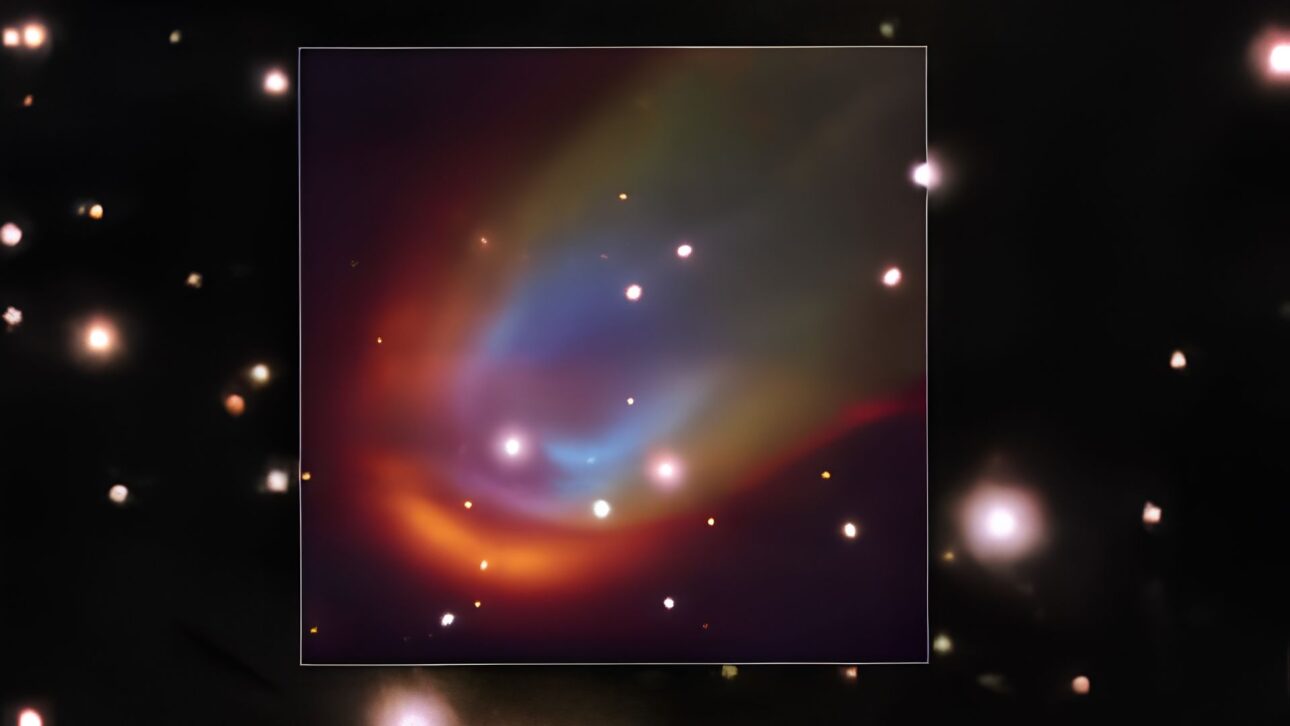 ESO telescope photographs a colorful shock wave around a dead star 730 light-years from Earth, identifying hydrogen, nitrogen, and oxygen