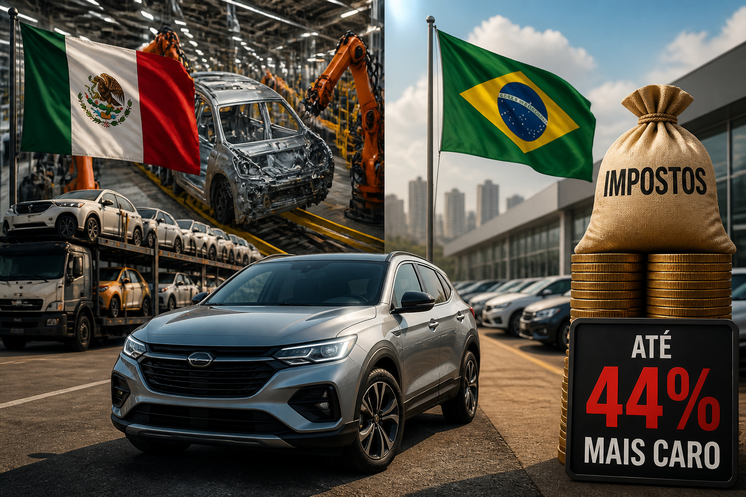 Imagem editorial sobre Estudo expõe por que fabricar e comprar carro no Brasil sai muito mais caro que no México, com impostos, logística e custos industriais p