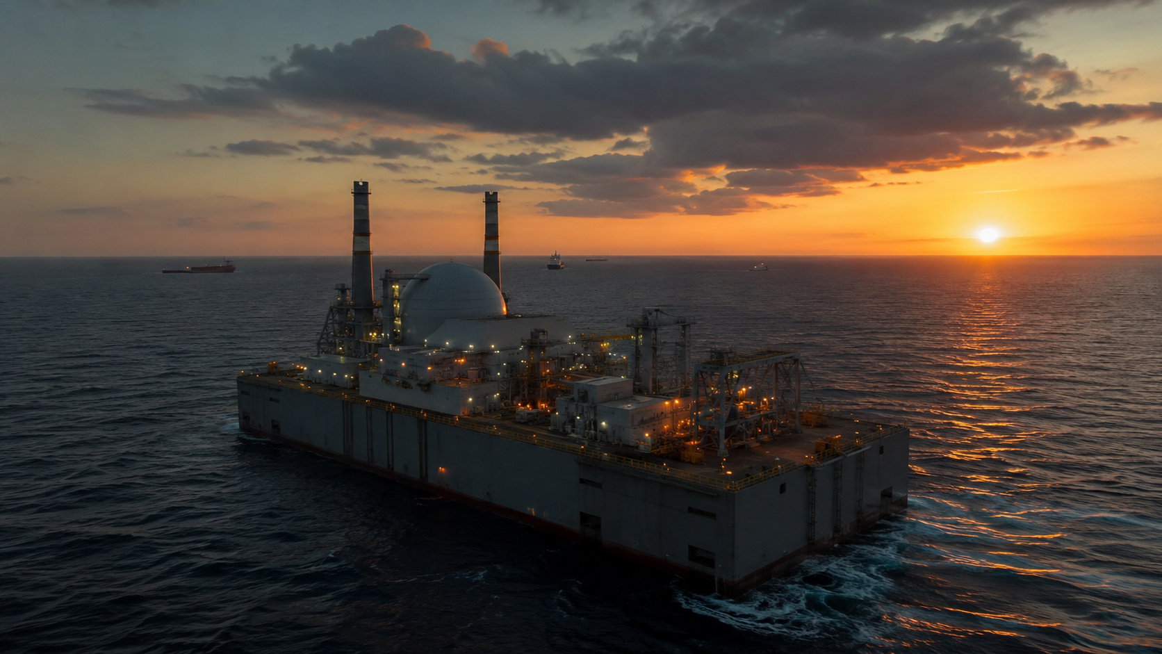 Usina nuclear flutuante instalada no oceano ao pôr do sol, representando os planos dos Estados Unidos para reatores em águas federais.