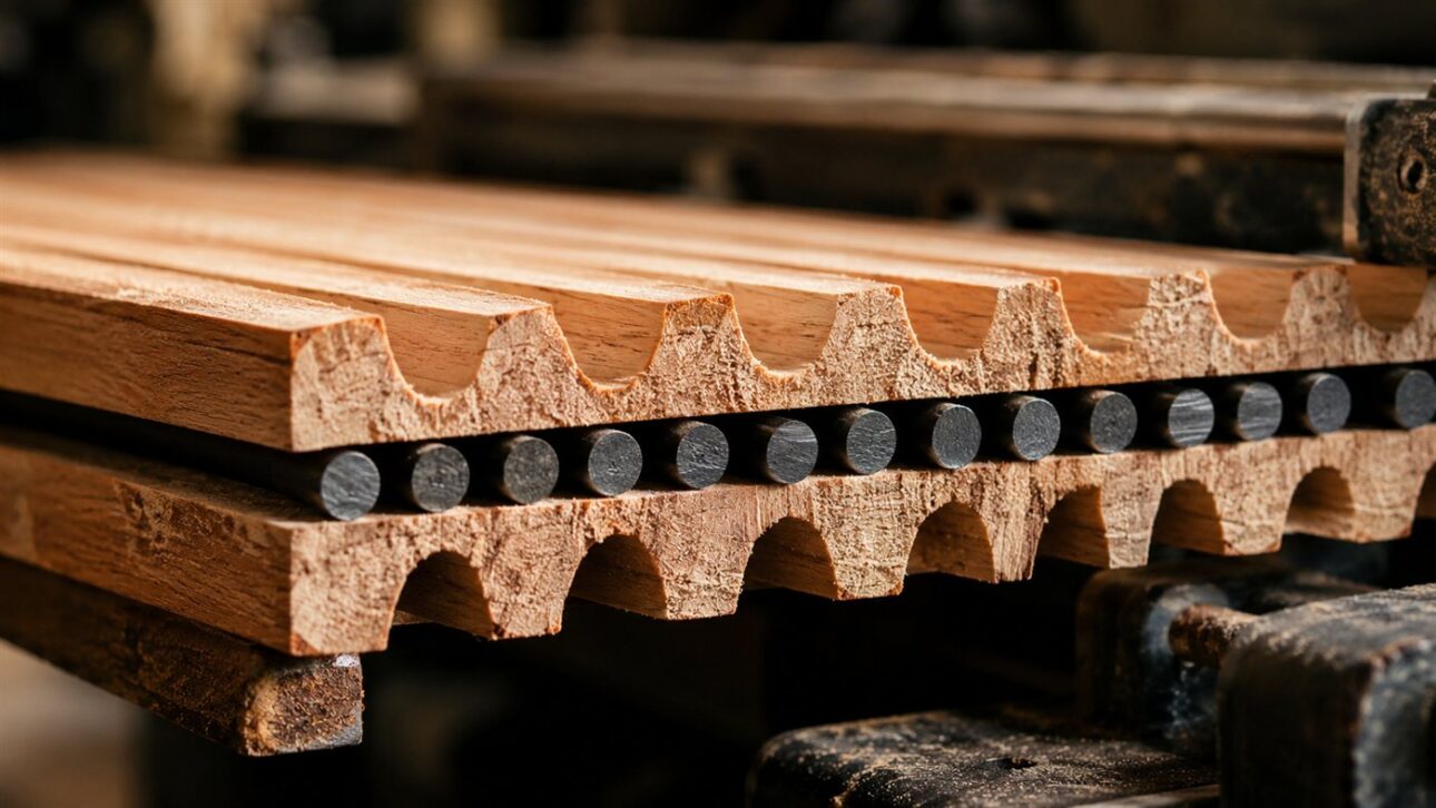 Wood slats and graphite leads in pencil manufacturing