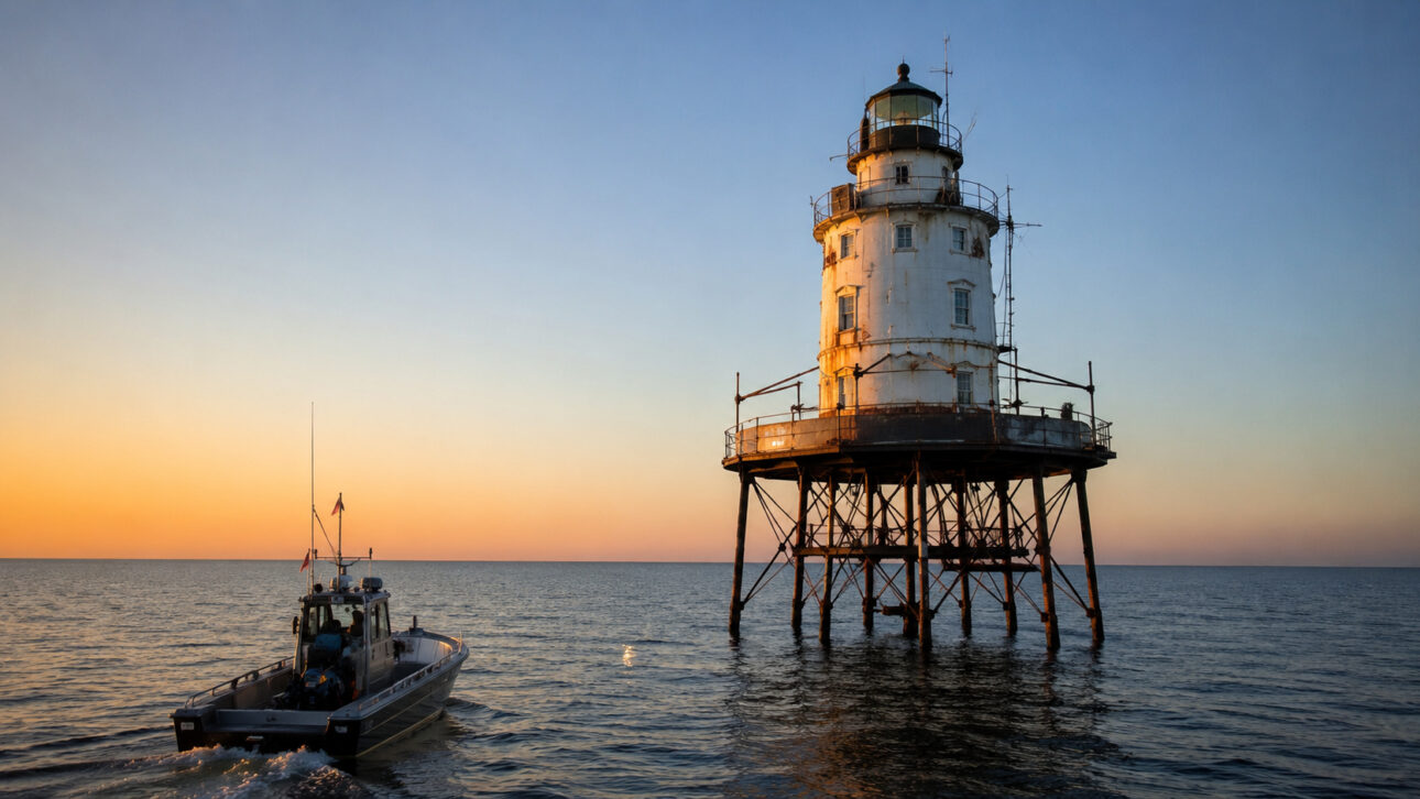 Farol marítimo de 122 anos restaurado no meio da Baía de Chesapeake nos Estados Unidos.