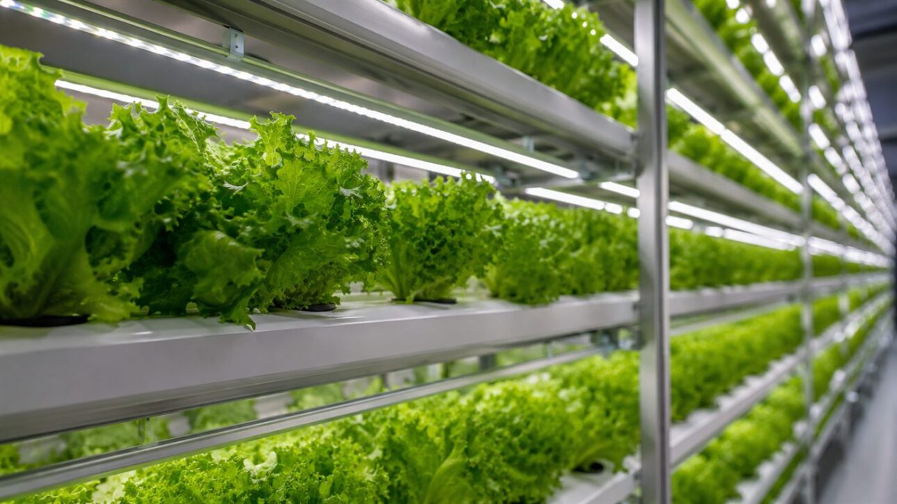 Prateleiras de alface empilhadas sob luz de LED numa fazenda vertical, o modelo que consumia energia demais.