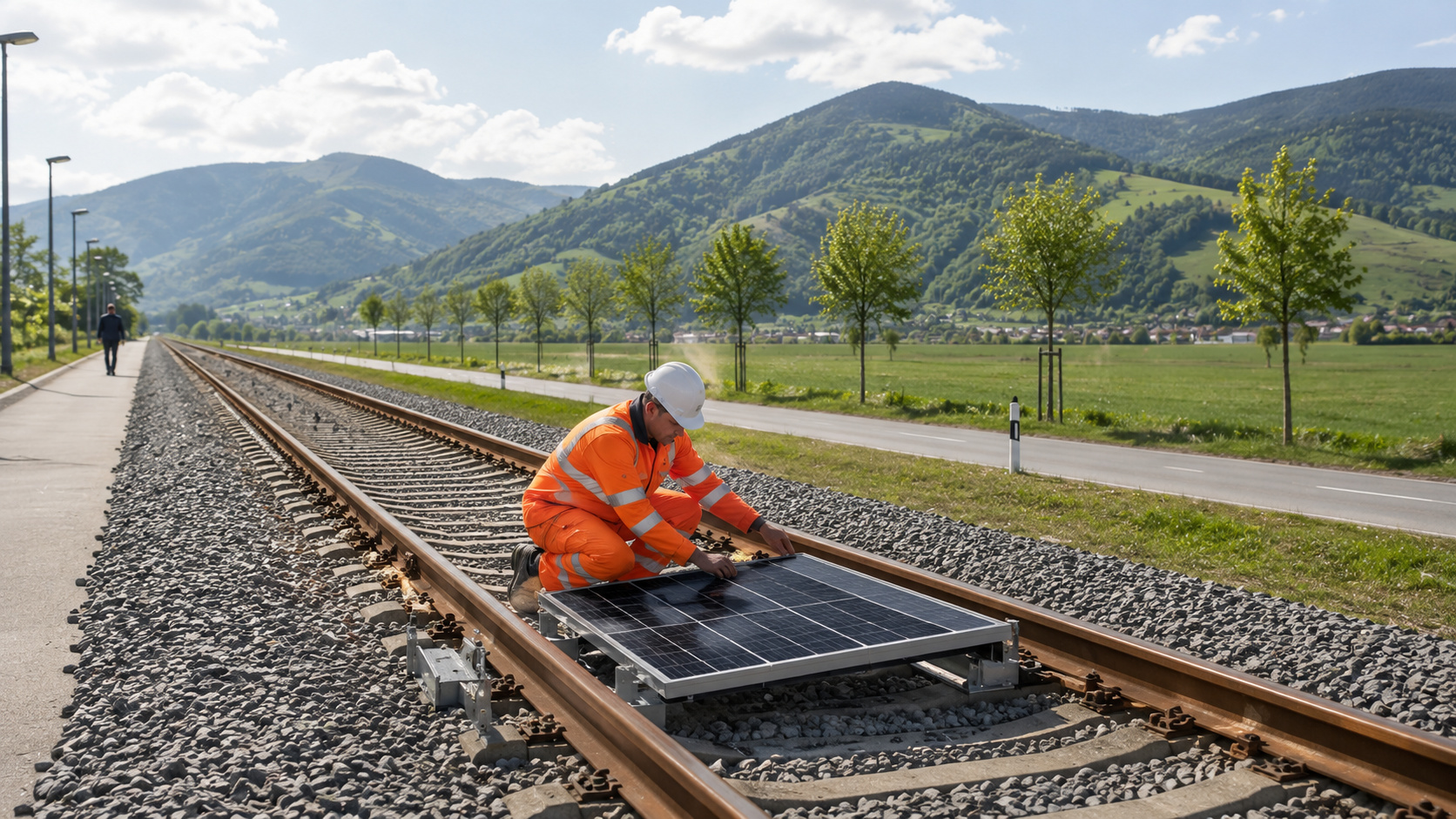Trilhos de trem com painéis solares instalados entre os dormentes em paisagem europeia durante o dia