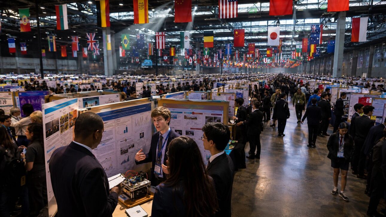 Pavilhão de feira internacional de ciências reúne estandes e projetos de estudantes de dezenas de países.