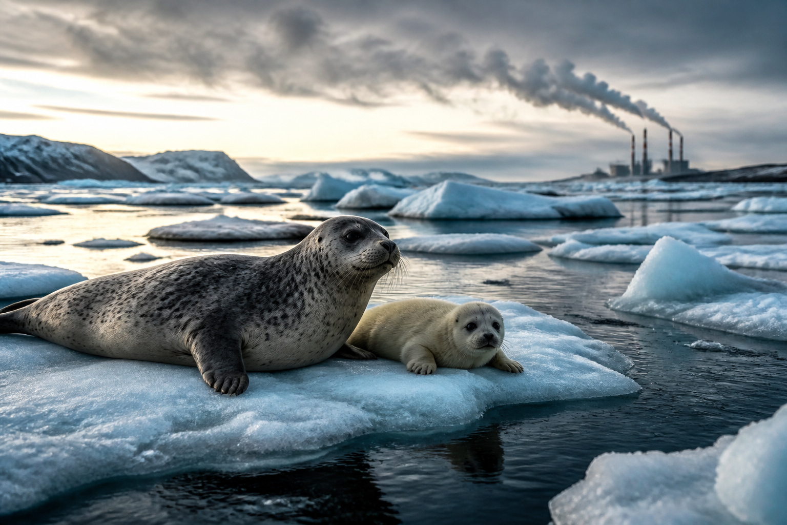 Imagem editorial sobre Focas e leões-marinhos perdem habitat e alimento com o avanço das mudanças climáticas, enquanto gelo, presas e comunidades costeiras sent