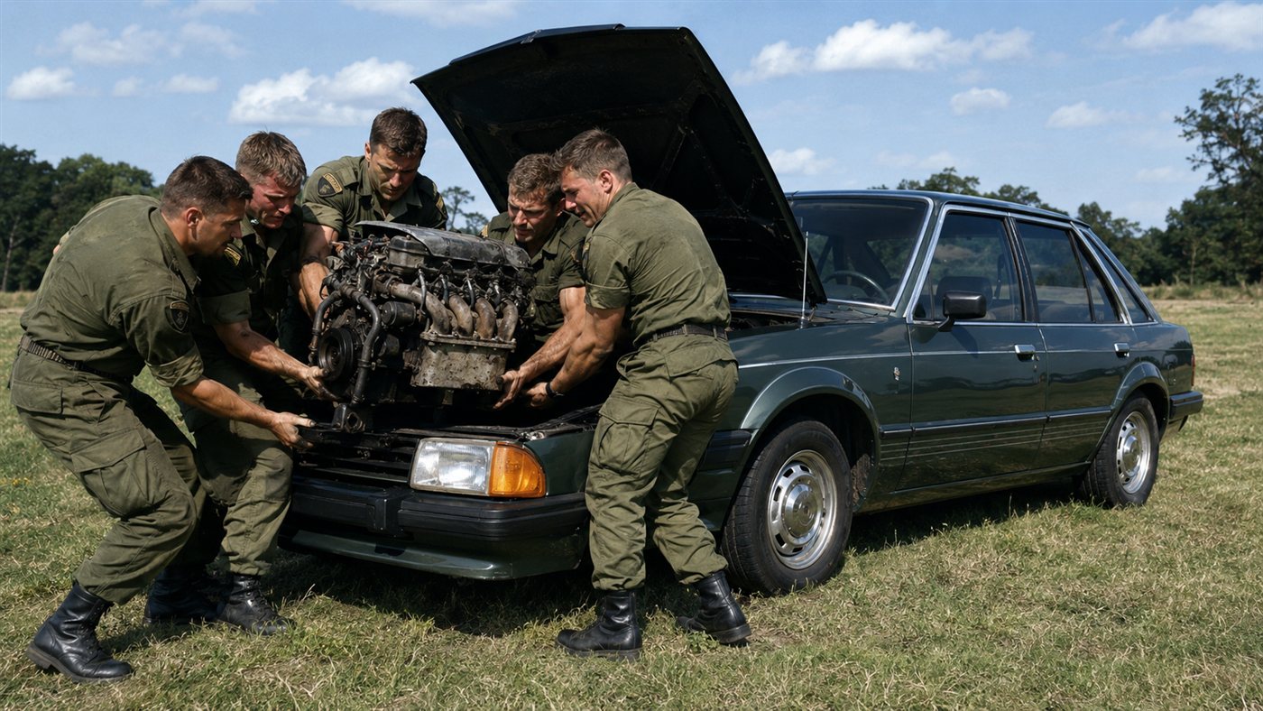 Manual da Ford previa 3,1 horas para trocar o motor do Ford Escort; 5 fuzileiros britânicos fizeram em 42 segundos em 1985 e o recorde segue de pé