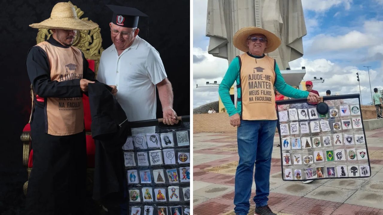 Vendedor ambulante que já percorreu 218 municípios do Nordeste para ajudar os filhos a se formarem, se emociona ao receber homenagem de um deles durante ensaio de formatura em Odontologia.