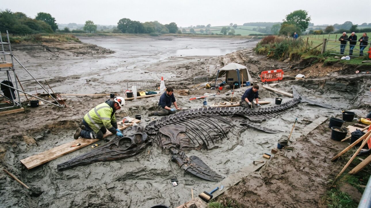 funcionário drenava uma lagoa na Inglaterra quando encontrou o esqueleto quase completo de um dragão-marinho
