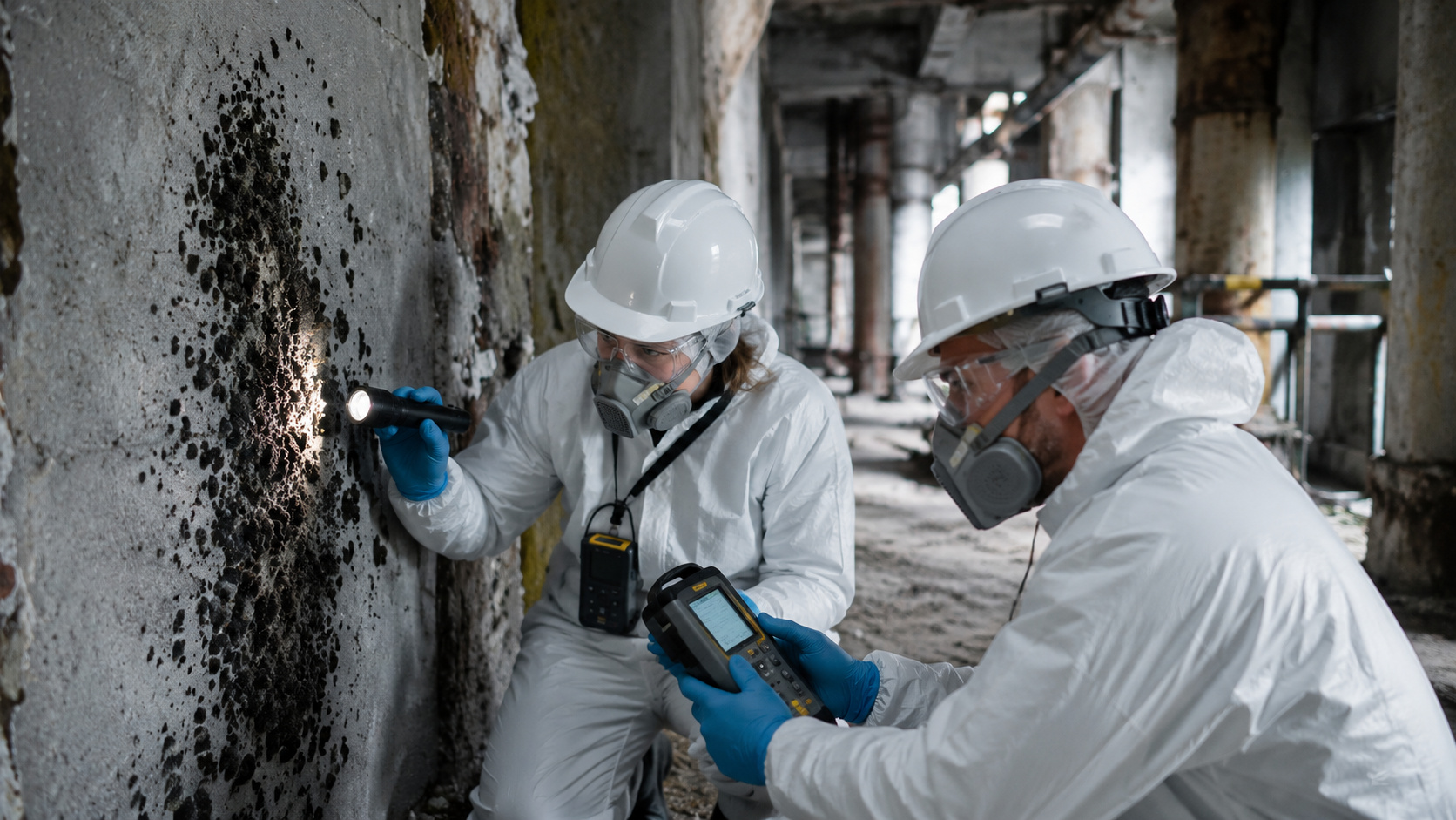 Cientistas analisam o fungo negro Cladosporium sphaerospermum em estrutura da antiga usina nuclear de Chernobyl durante pesquisa sobre radiação.