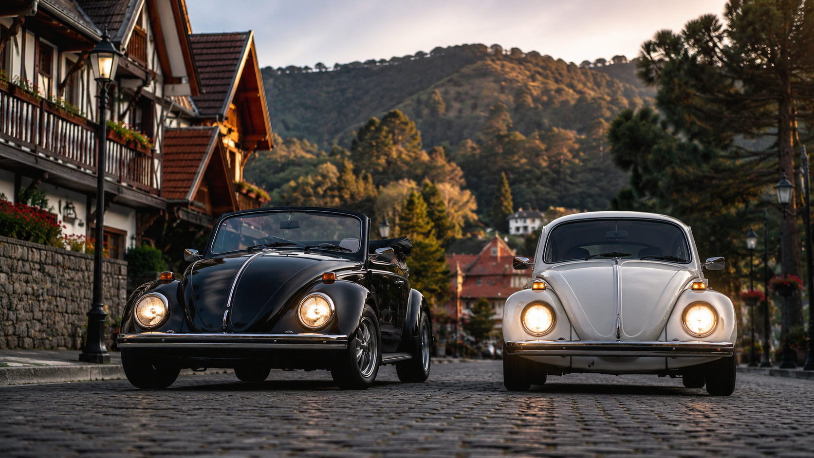 Dois Fuscas clássicos expostos lado a lado em salão de museu automotivo iluminado