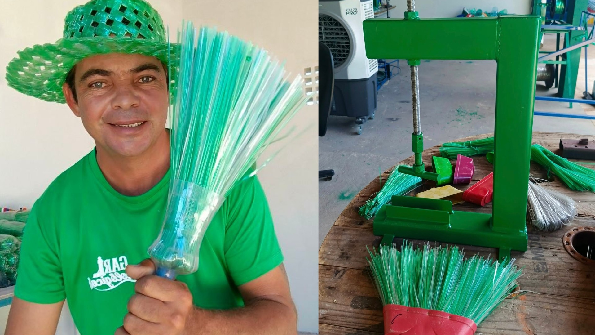 Na Paraíba, o Gari Ecológico Giorggio transforma garrafas PET da varrição em vassoura de PET e cordas de varal e fatura mais de R$ 7 mil por mês.