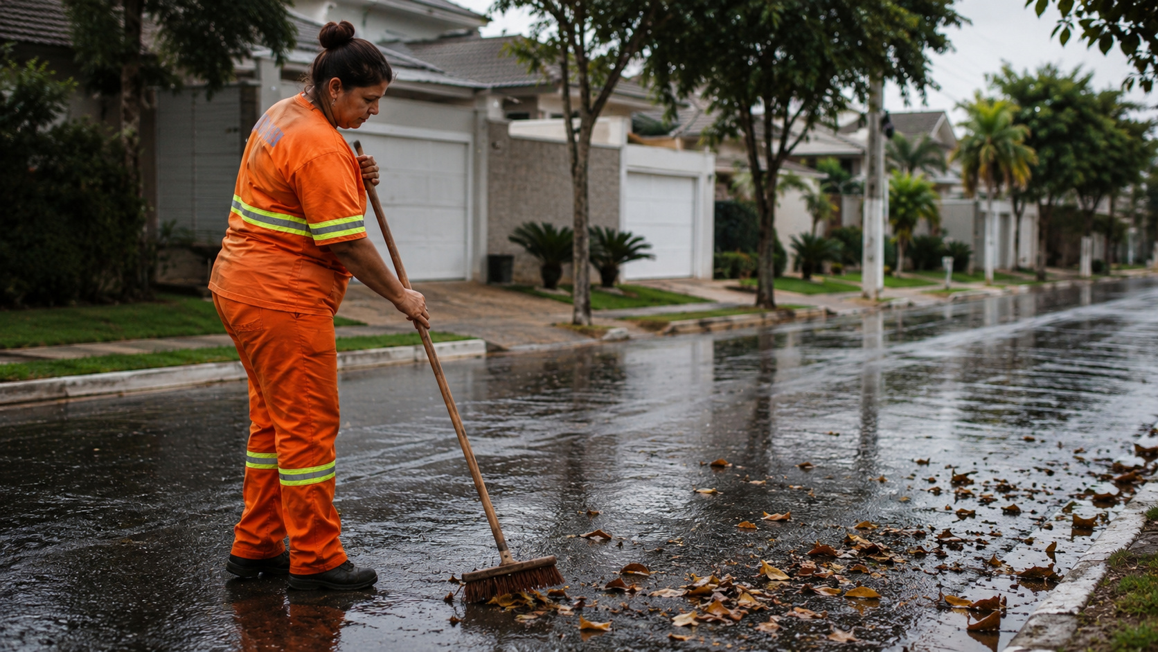 Gari varrendo uma rua molhada em bairro residencial enquanto trabalha normalmente, ilustrando o caso da servidora que recebeu um Pix de R$ 203 mil por engano e devolveu o dinheiro.