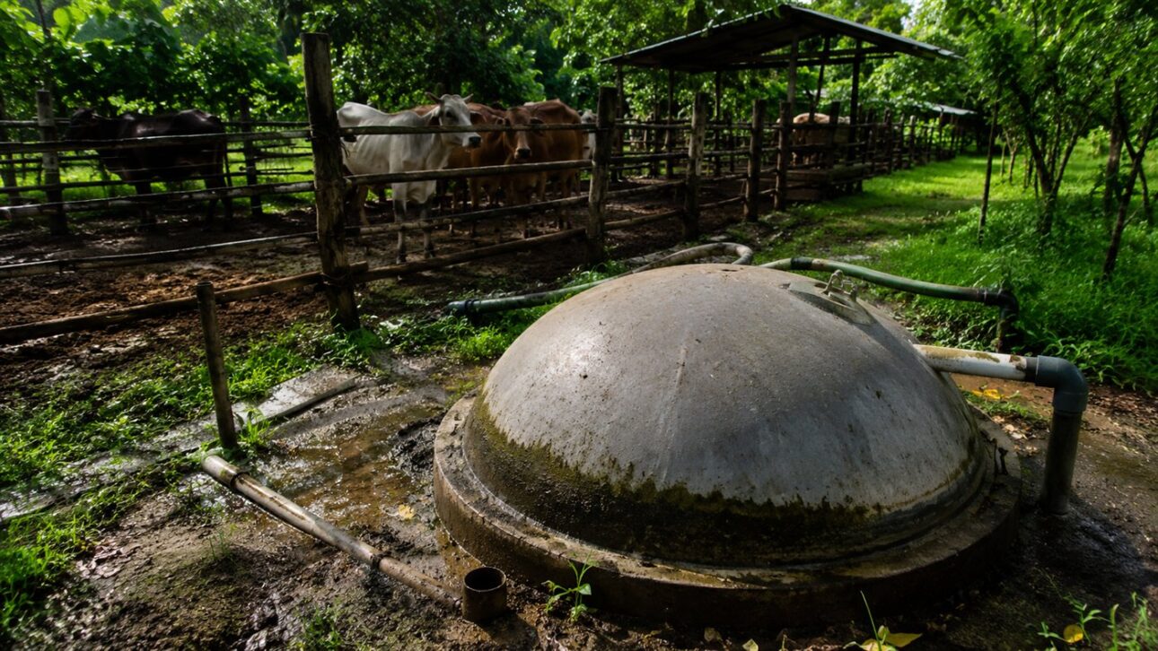 O biodigestor instalado no quintal transforma o esterco das vacas em gás para a cozinha.