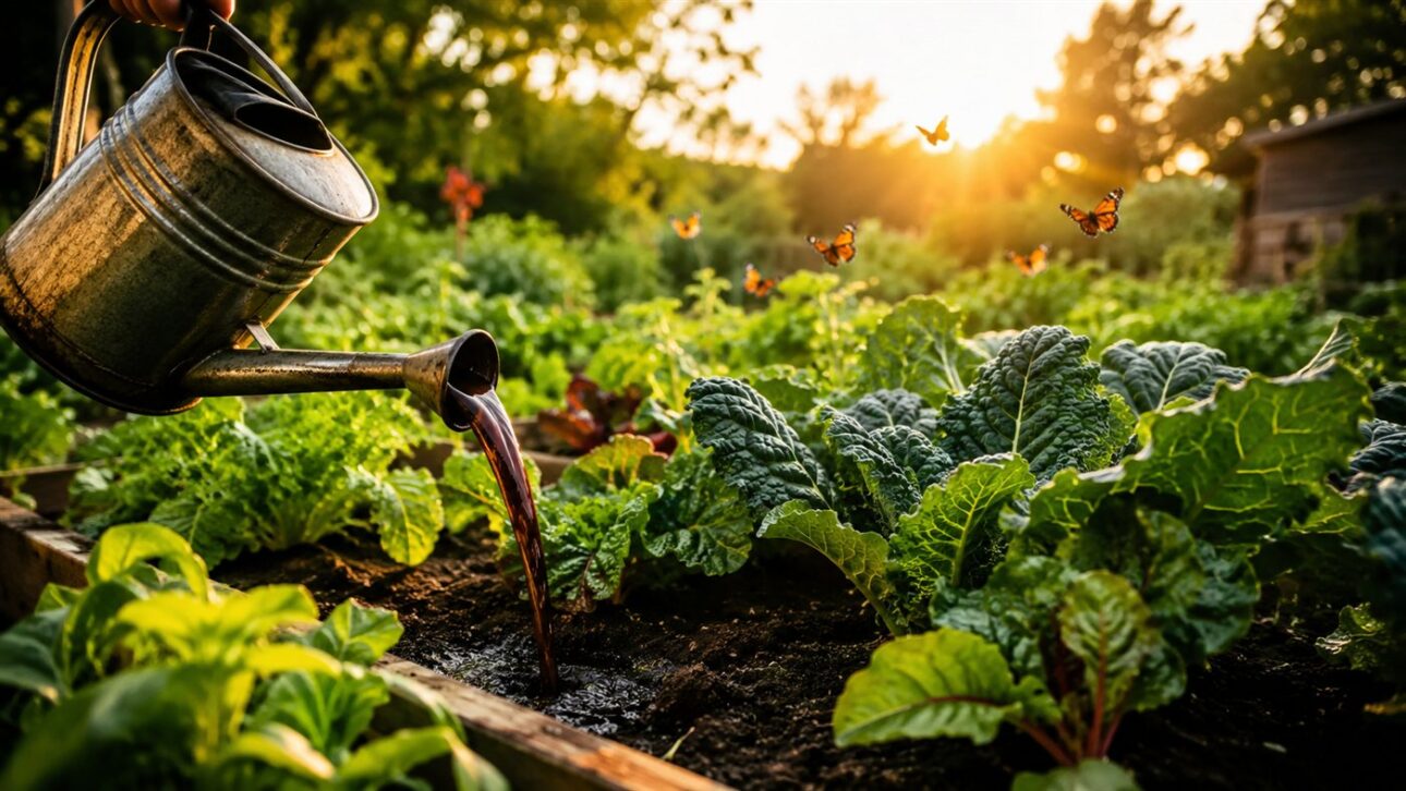 As hortaliças crescem viçosas na horta adubada apenas com o biofertilizante.