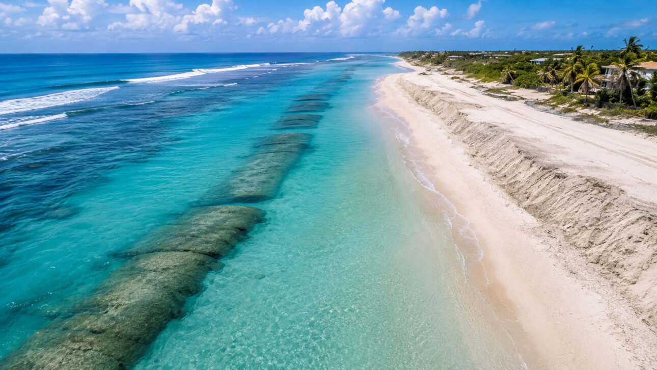 Yucatán usou geotubos submersos com areia para reduzir a erosão costeira, recuperar praias e dissipar a força das ondas no mar.