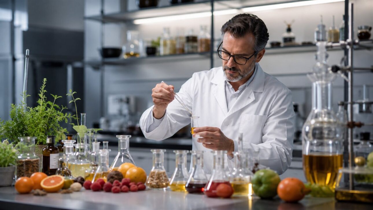 Cientista de sabor trabalhando com compostos aromáticos em laboratório