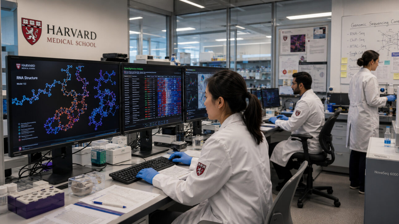 Researchers analyze gene expression in a Harvard Medical School laboratory.