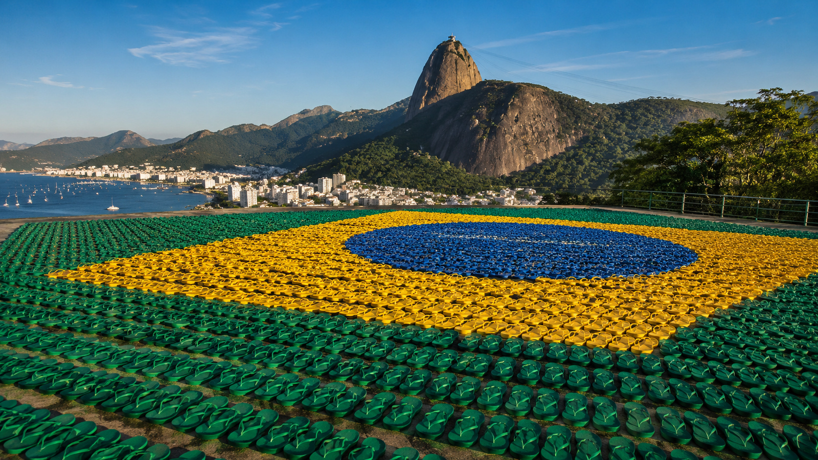 Bandeira do Brasil formada por milhares de chinelos em instalação da Havaianas no Morro da Urca, com o Pão de Açúcar e a Baía de Guanabara ao fundo durante ação da Copa do Mundo de 2026.