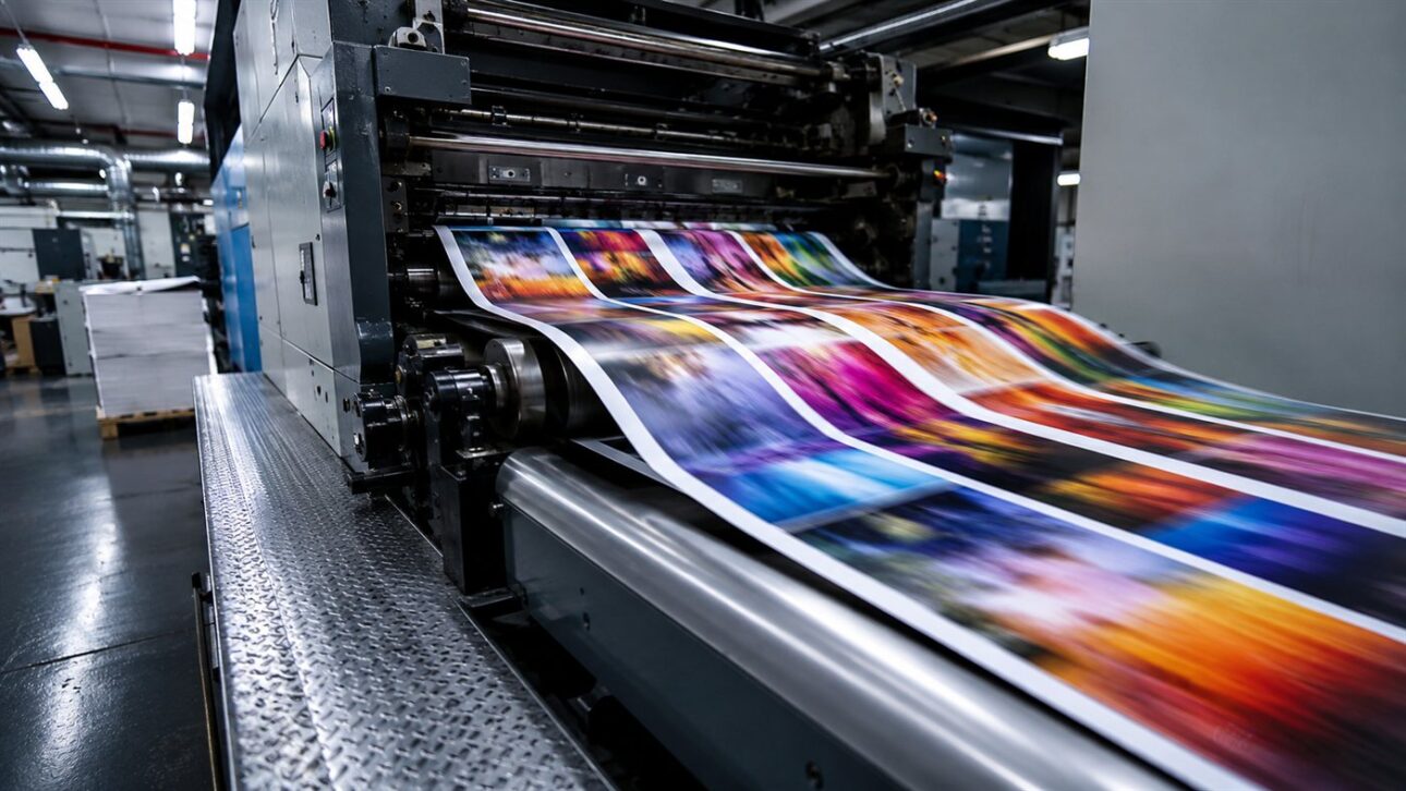 Freshly printed sheets coming out at high speed from a printing machine