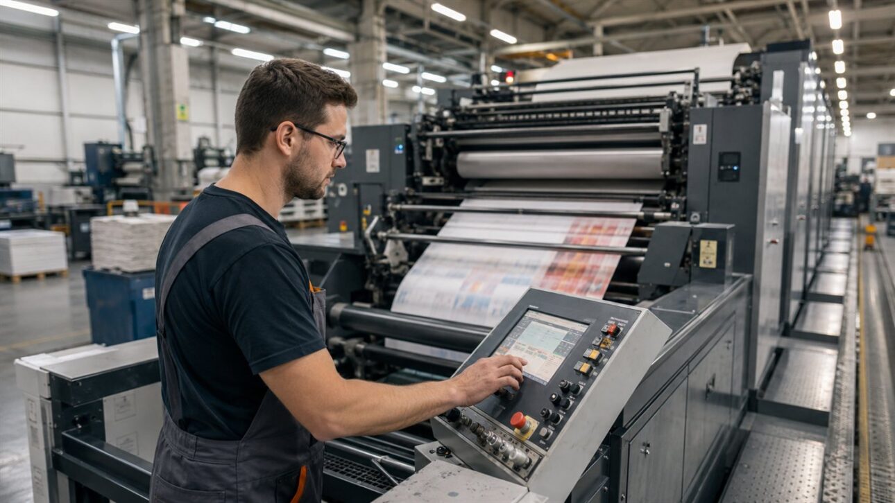 Worker controlling the panel of a huge industrial press