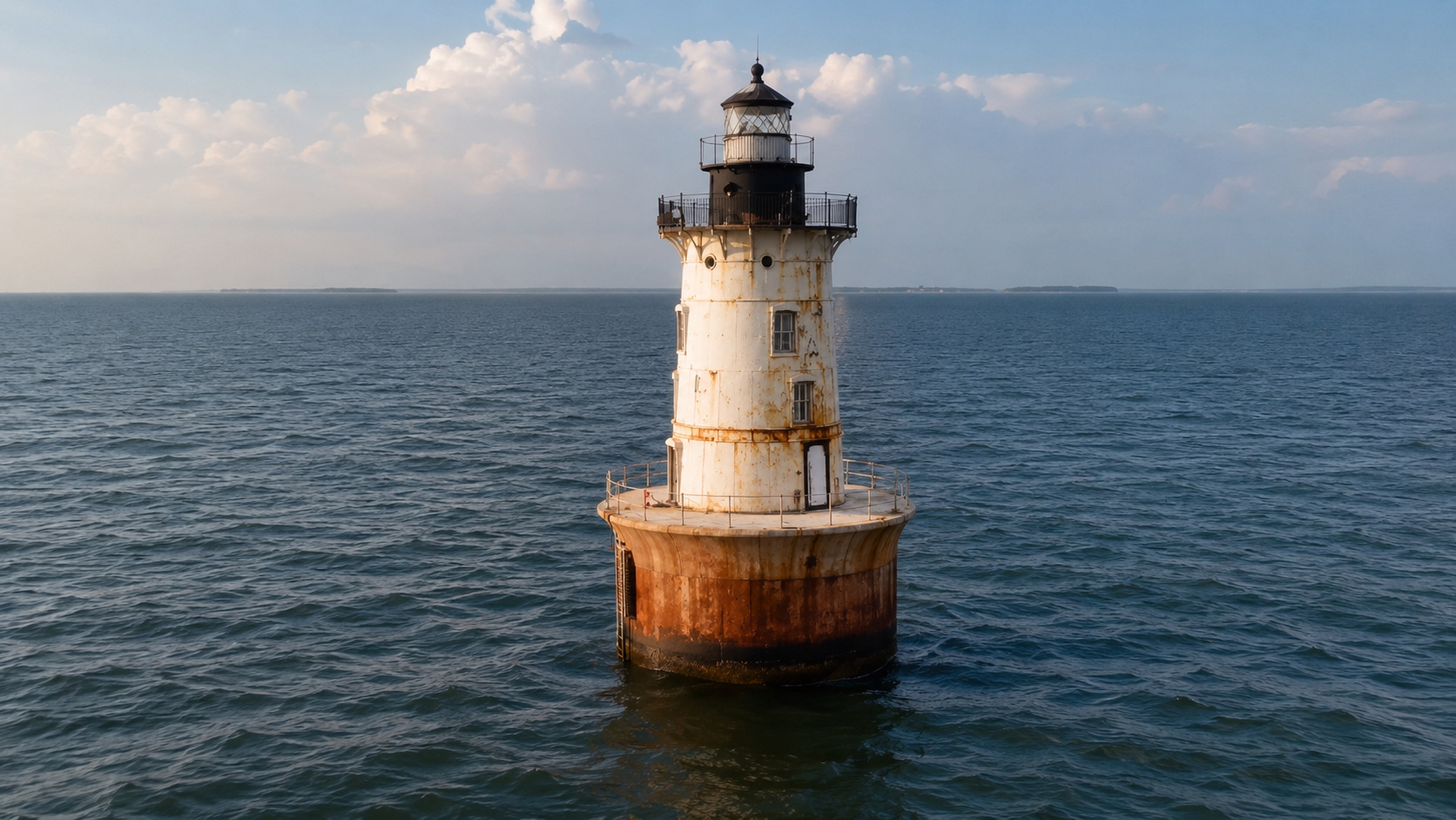 Farol marítimo centenário com estrutura enferrujada isolado no meio da Baía de Chesapeake